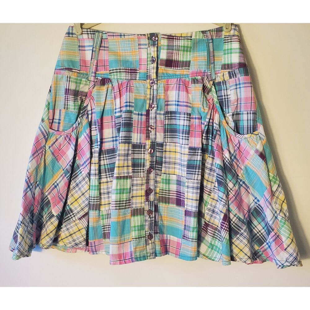 Y2k Patchwork Mini Skirt Pockets Shell Button Fro… - image 1